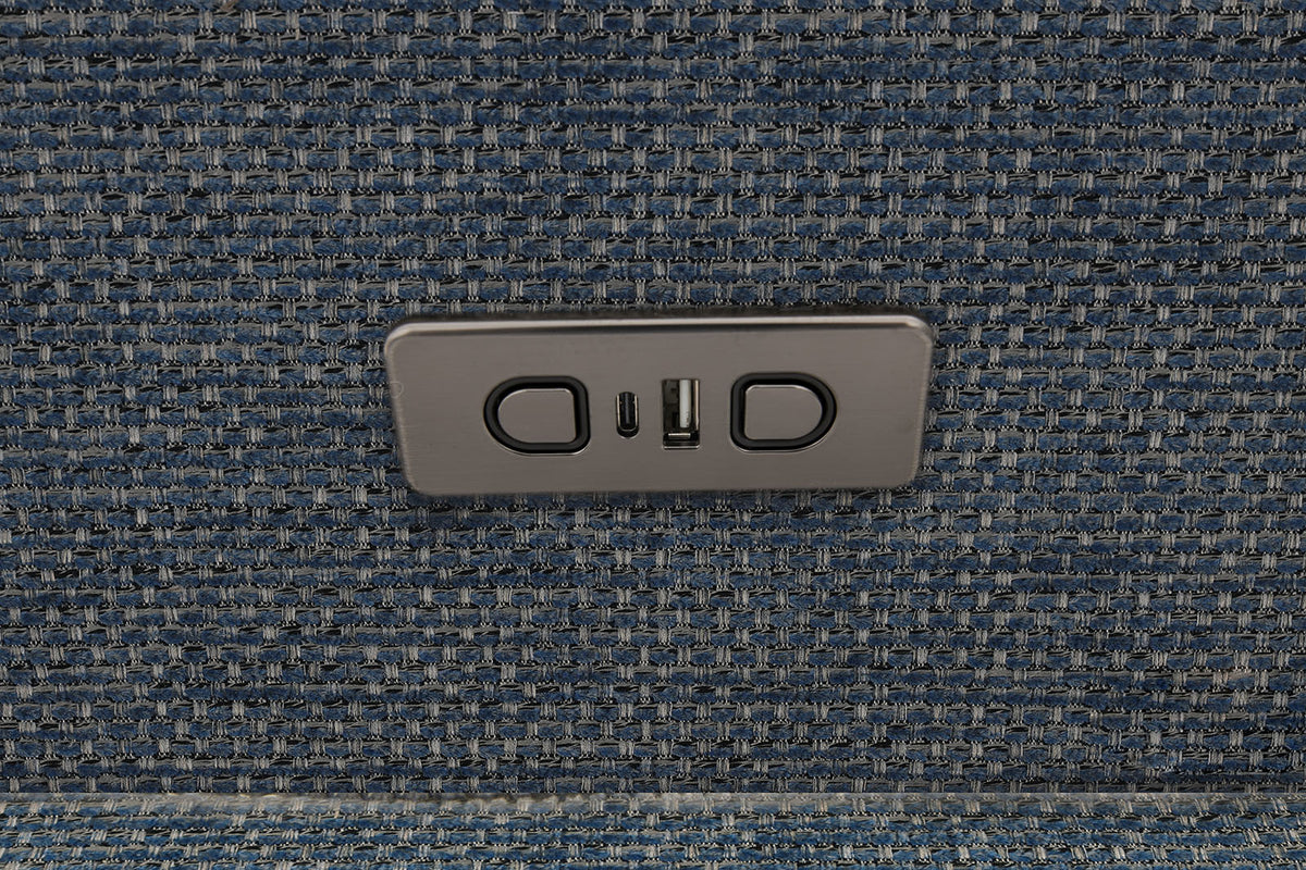 Melancton Blue sectional, power control panel close-up, blue woven fabric