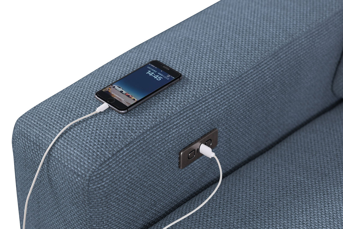 Melancton Blue sectional, blue armrest with phone charging port, white background detail