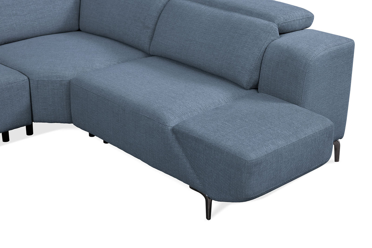 Melancton Blue sectional, extended chaise seat, blue textured upholstery, studio detail