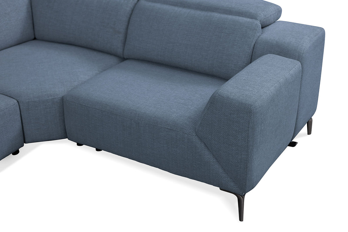 Melancton Blue sectional, blue seat cushion and arm detail, modern low profile