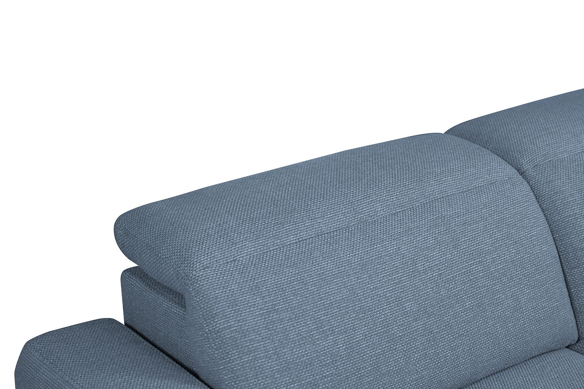 Melancton Blue sectional, power headrest detail, blue upholstery, side studio view