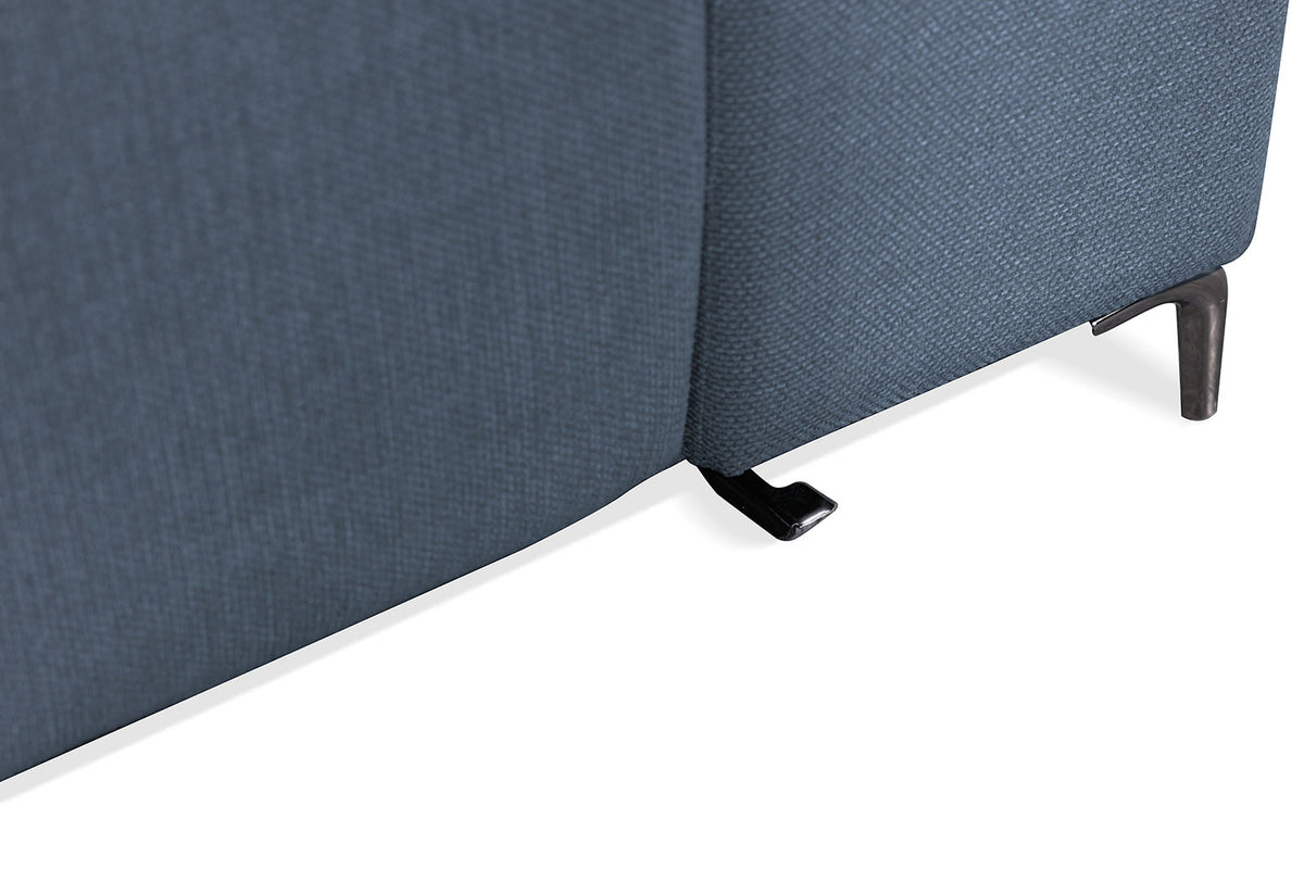 Melancton Blue sectional, blue upholstered arm and seat detail, clean modern profile