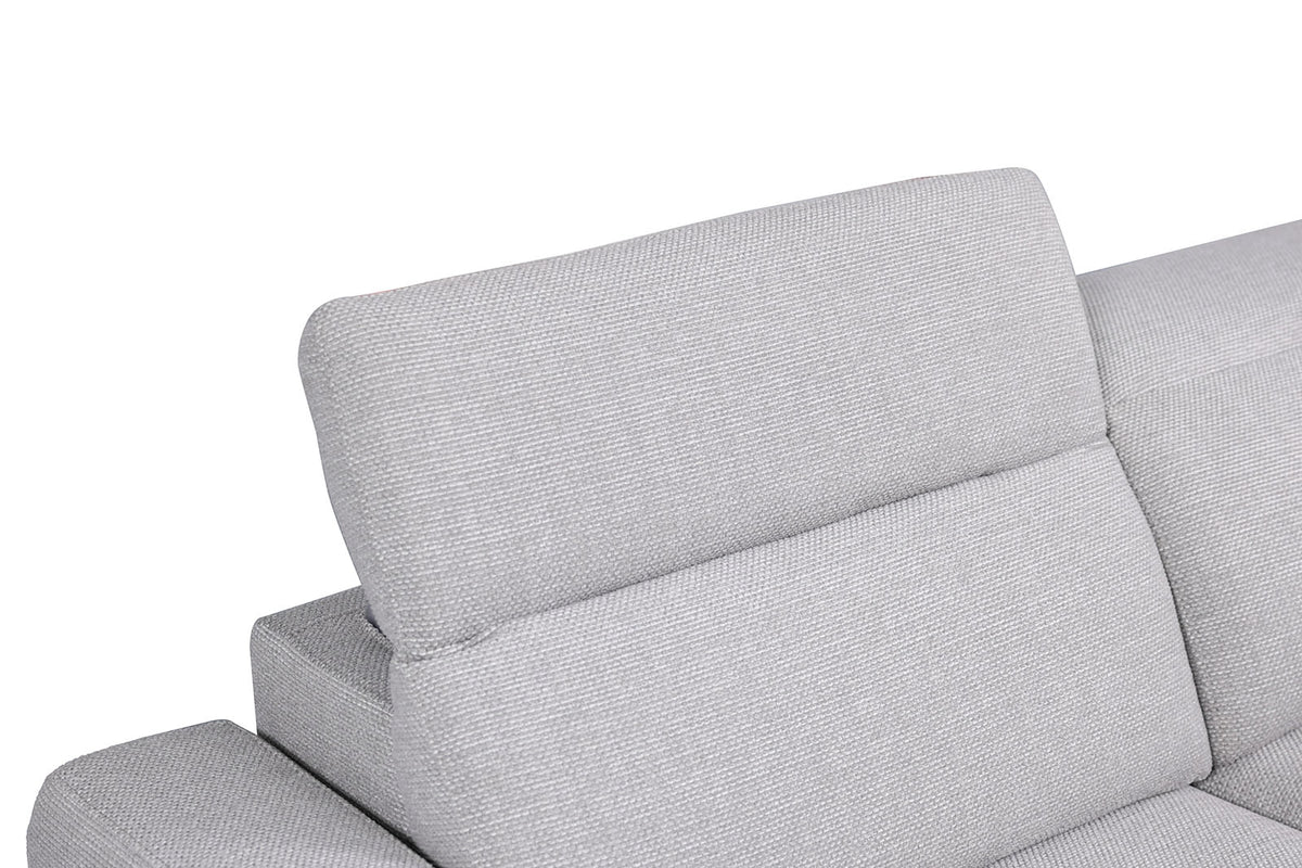 Melancton Light sectional headrest detail, padded light gray back cushion and clean seams