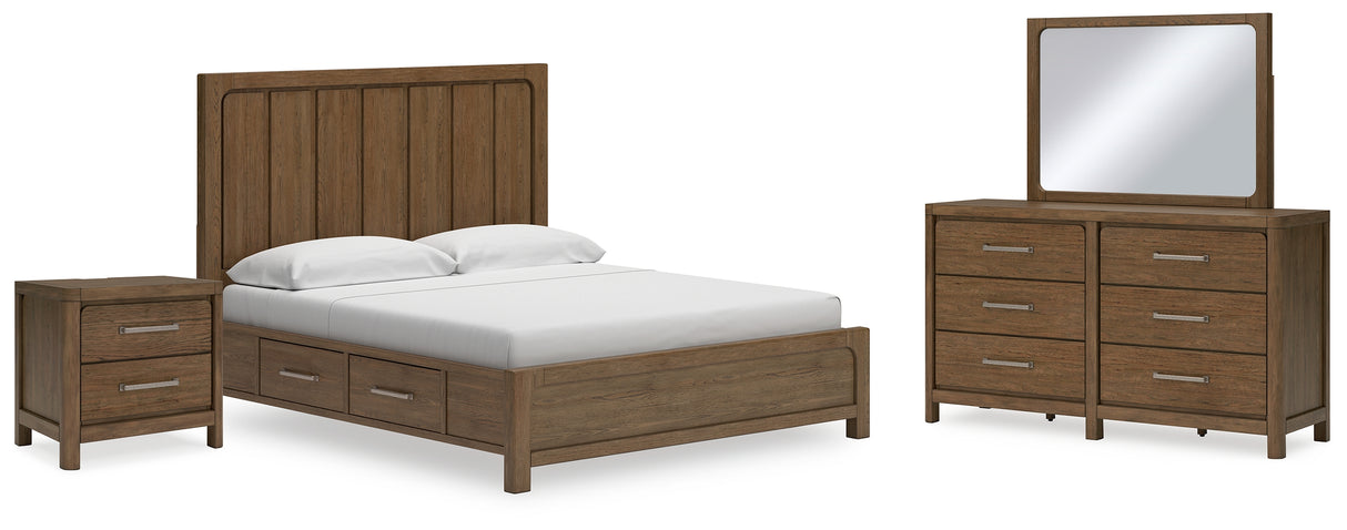 Cabalynn California King Panel Bed with Storage with Mirrored Dresser and Nightstand in Light Brown from Ashley - Luna Furniture