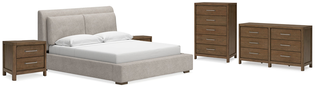 Cabalynn California King Upholstered Bed with Dresser, Chest and 2 Nightstands in Light Brown from Ashley - Luna Furniture
