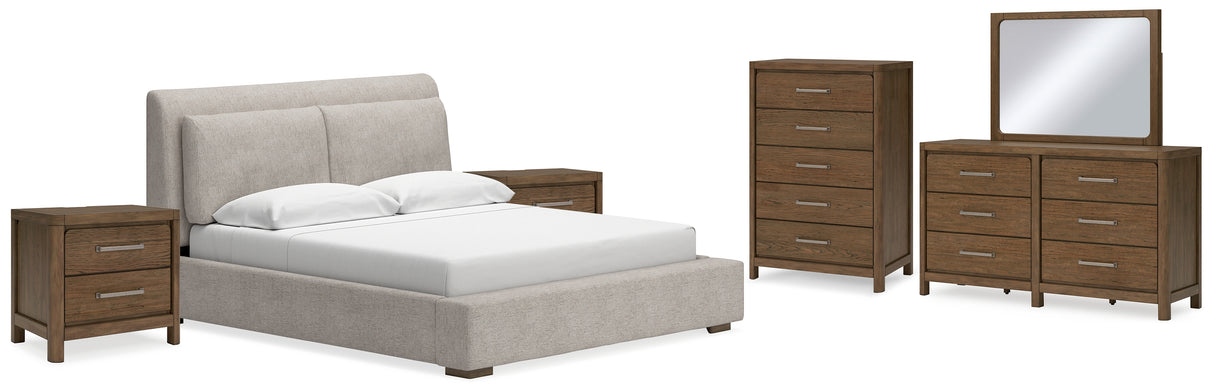 Cabalynn California King Upholstered Bed with Mirrored Dresser, Chest and 2 Nightstands in Light Brown from Ashley - Luna Furniture