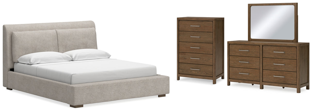 Cabalynn King Upholstered Bed with Mirrored Dresser and Chest in Light Brown from Ashley Furniture - Luna Furniture