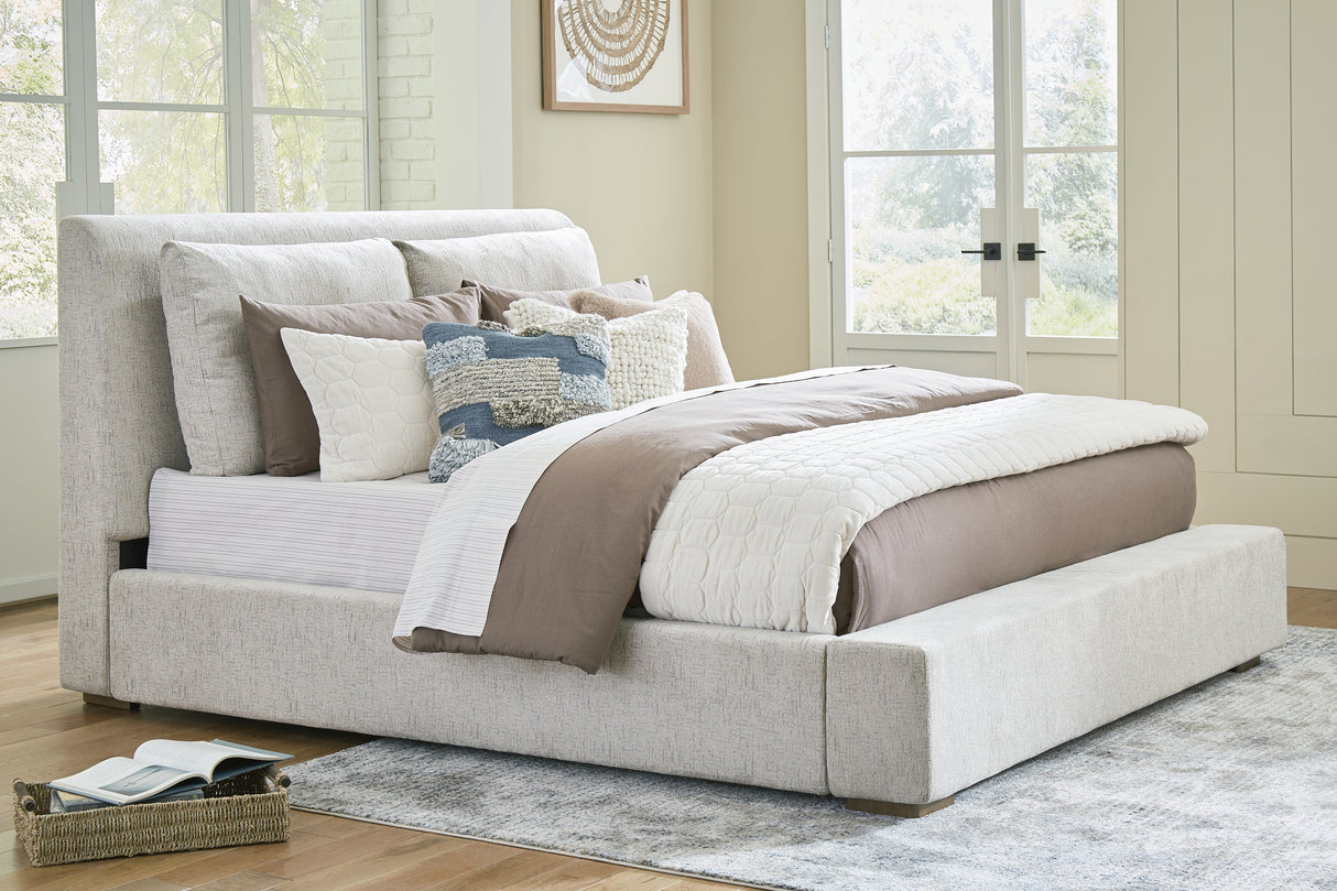 Cabalynn King Upholstered Bed with Mirrored Dresser and Chest in Light Brown from Ashley Furniture - Luna Furniture