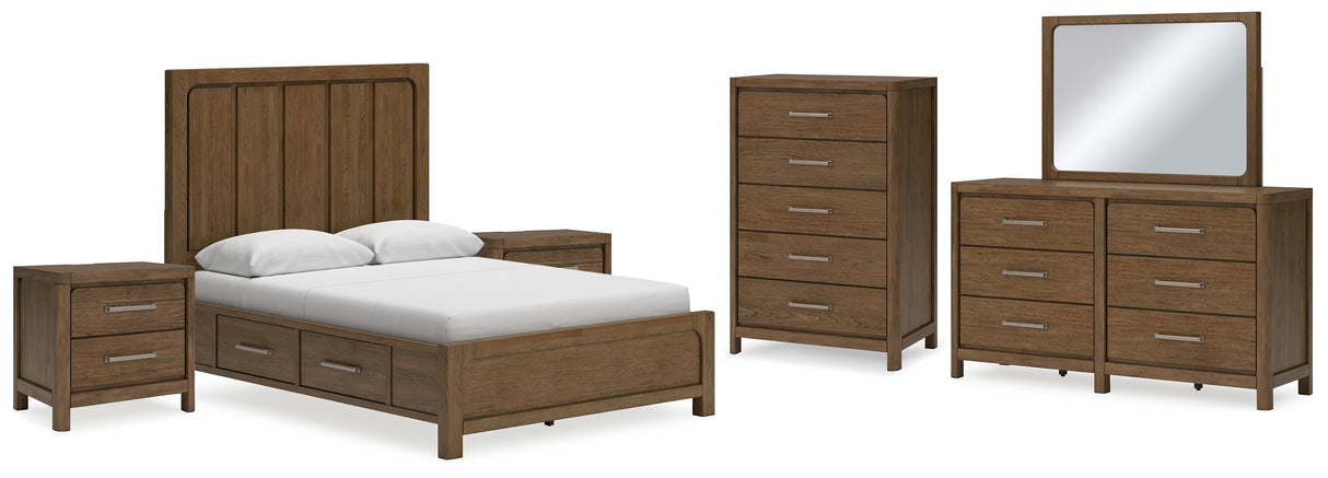 Cabalynn Queen Panel Bed with Storage with Mirrored Dresser, Chest and 2 Nightstands in Light Brown from Ashley - Luna Furniture
