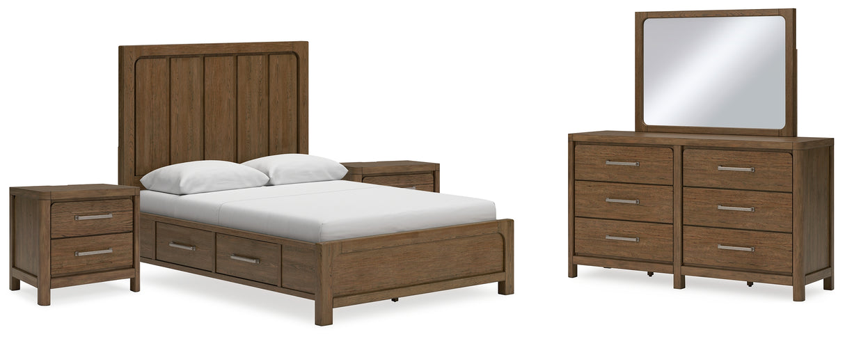 Cabalynn Queen Panel Bed with Storage with Mirrored Dresser and 2 Nightstands in Light Brown from Ashley - Luna Furniture