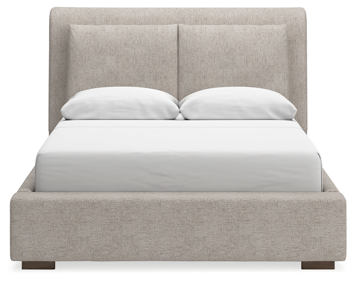 Cabalynn Queen Upholstered Bed with Mirrored Dresser and Chest in Light Brown from Ashley - Luna Furniture