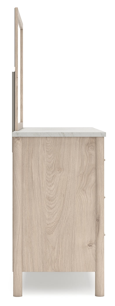 Cadmori Queen Upholstered Panel Bed with Mirrored Dresser, Chest and 2 Nightstands in Two-tone from Ashley - Luna Furniture