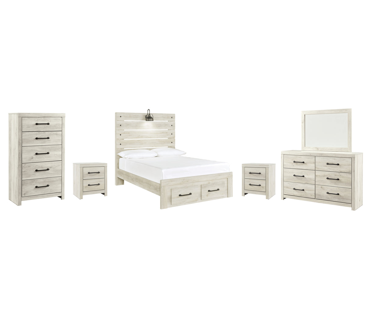Cambeck Full Panel Bed with 2 Storage Drawers with Mirrored Dresser, Chest and 2 Nightstands in Whitewash from Ashley - Luna Furniture