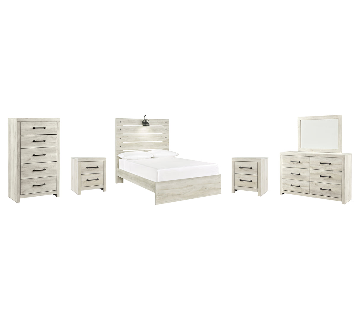 Cambeck Full Panel Bed with Mirrored Dresser, Chest and 2 Nightstands in Whitewash from Ashley - Luna Furniture