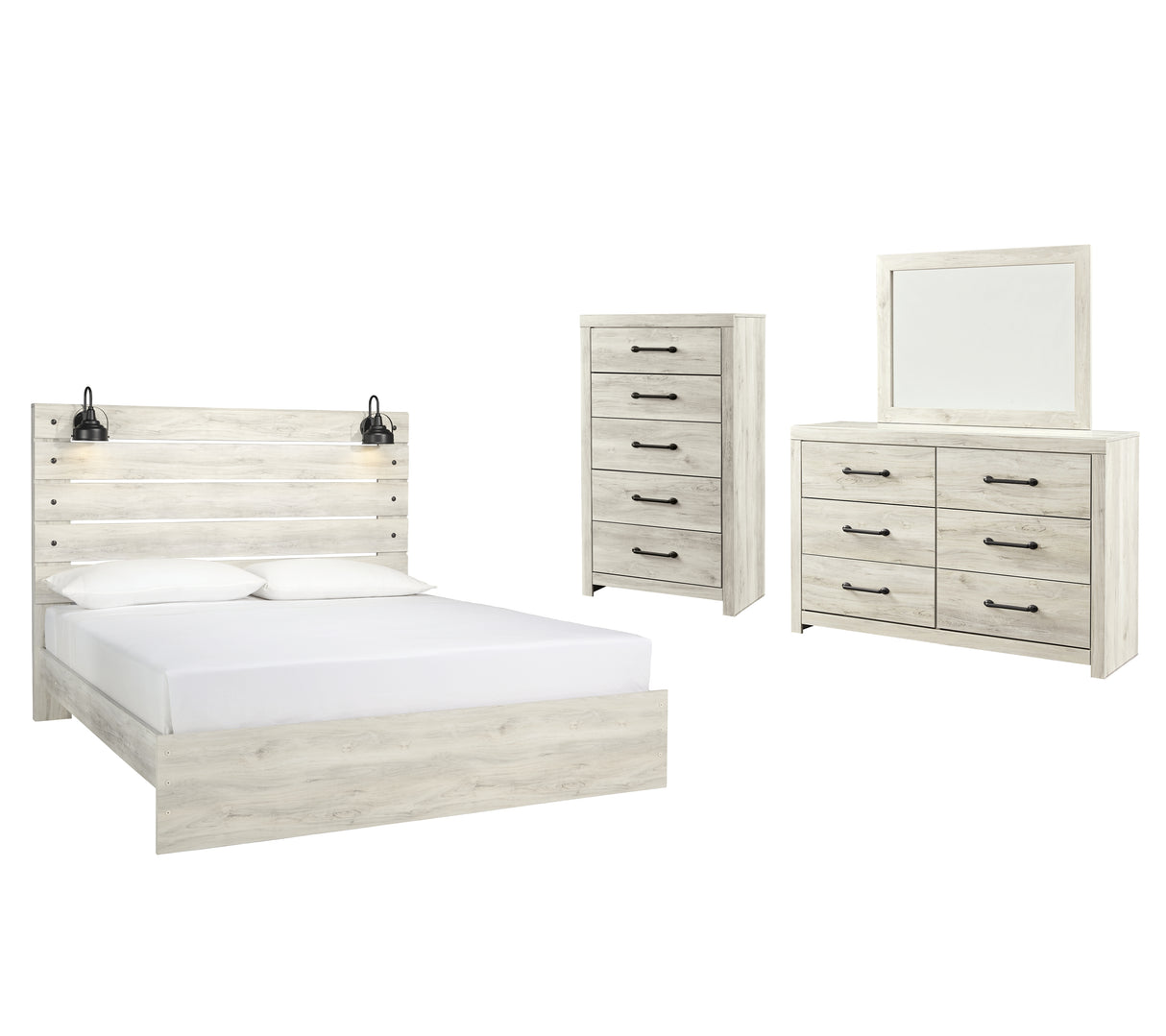 Cambeck King Panel Bed with Mirrored Dresser and Chest in Whitewash from Ashley - Luna Furniture