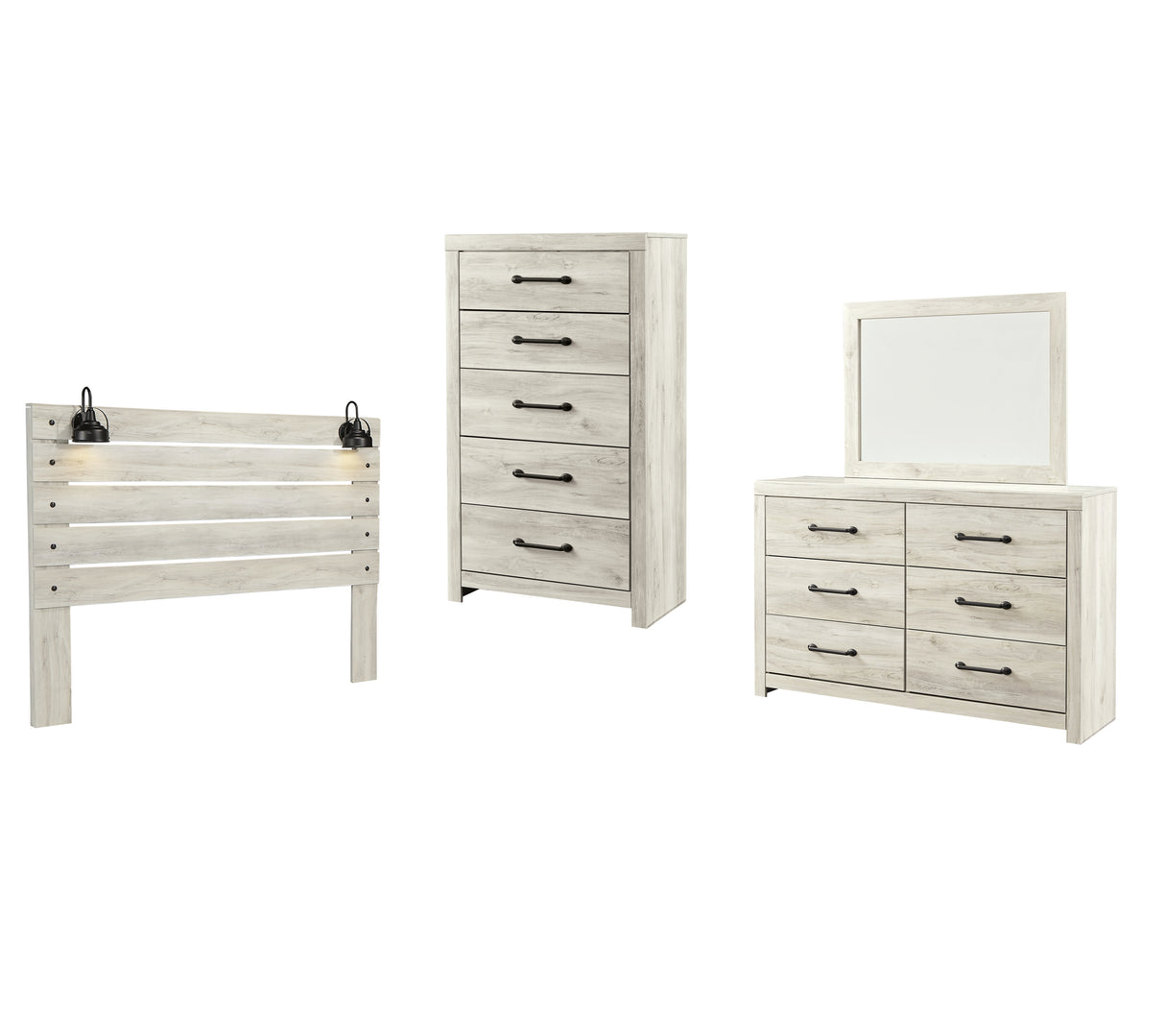 Cambeck King Panel Headboard Bed with Mirrored Dresser, Chest and Nightstand in Whitewash from Ashley - Luna Furniture