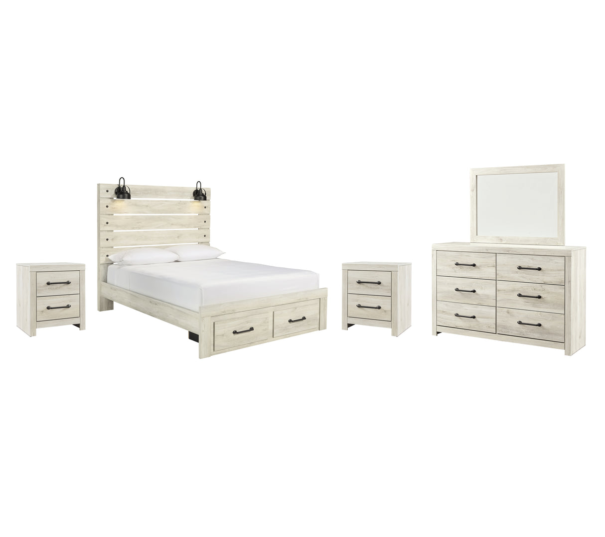 Cambeck Queen Panel Bed with 2 Storage Drawers with Mirrored Dresser and 2 Nightstands in Whitewash from Ashley - Luna Furniture