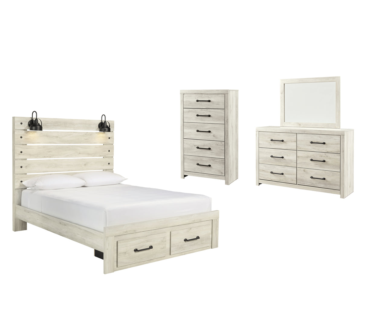 Cambeck Queen Panel Bed with 2 Storage Drawers with Mirrored Dresser and Chest in Whitewash from Ashley - Luna Furniture