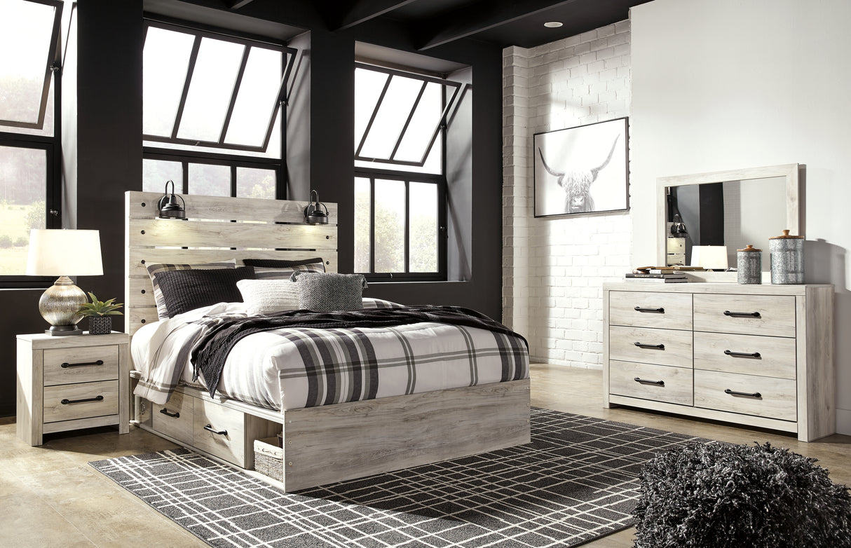 Cambeck Queen Panel Bed with 4 Storage Drawers with Mirrored Dresser and 2 Nightstands in Whitewash from Ashley Furniture - Luna Furniture
