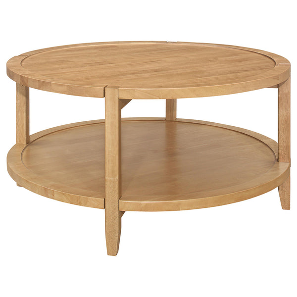 Camillo Maple Brown Round Solid Wood Coffee Table with Shelf