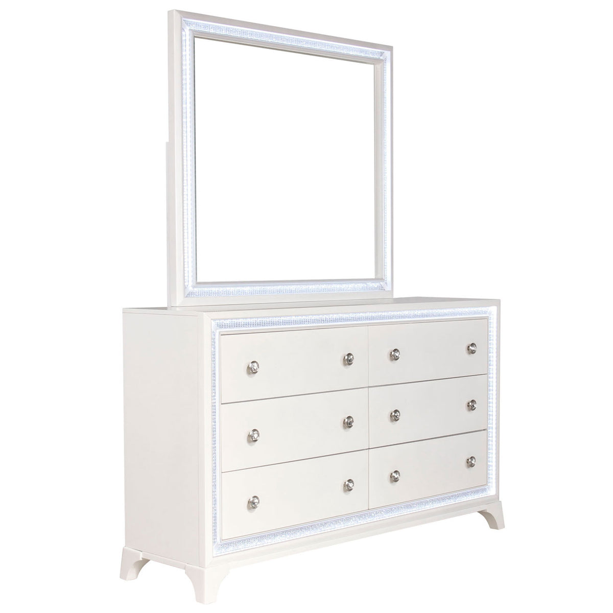 Cassie Illuminating Glam Dresser and Mirror, Shimmering Pearl Finish