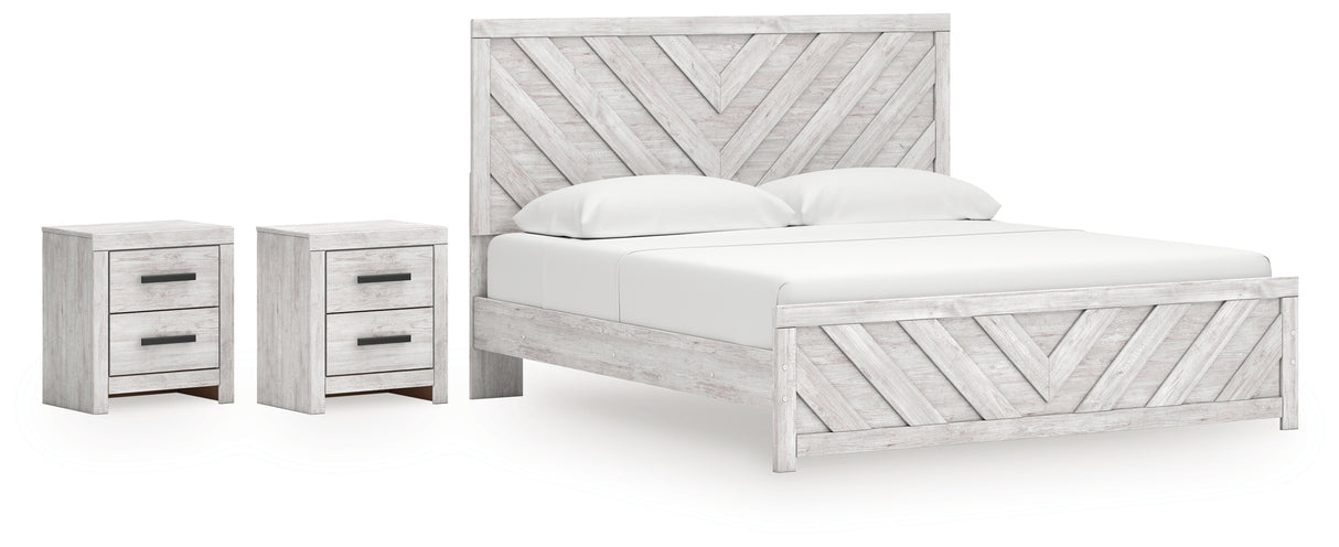 Cayboni King Panel Bed with 2 Nightstands in Whitewash from Ashley - Luna Furniture