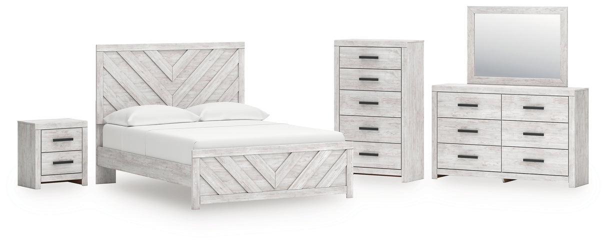 Cayboni Queen Panel Bed with Mirrored Dresser, Chest and Nightstand in Whitewash from Ashley - Luna Furniture
