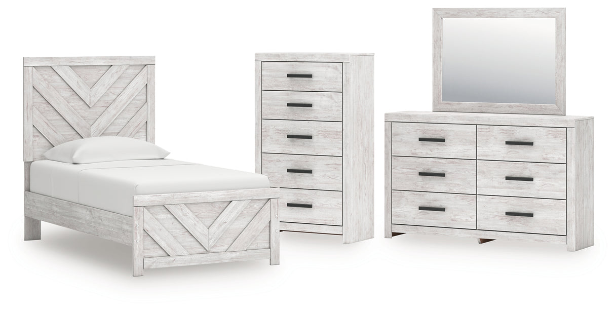 Cayboni Twin Panel Bed with Mirrored Dresser and Chest in Whitewash from Ashley - Luna Furniture