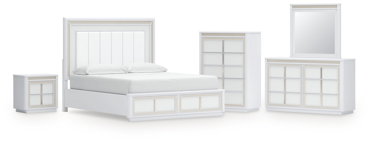 Chalanna California King Upholstered Storage Bed with Mirrored Dresser, Chest and Nightstand in White from Ashley - Luna Furniture