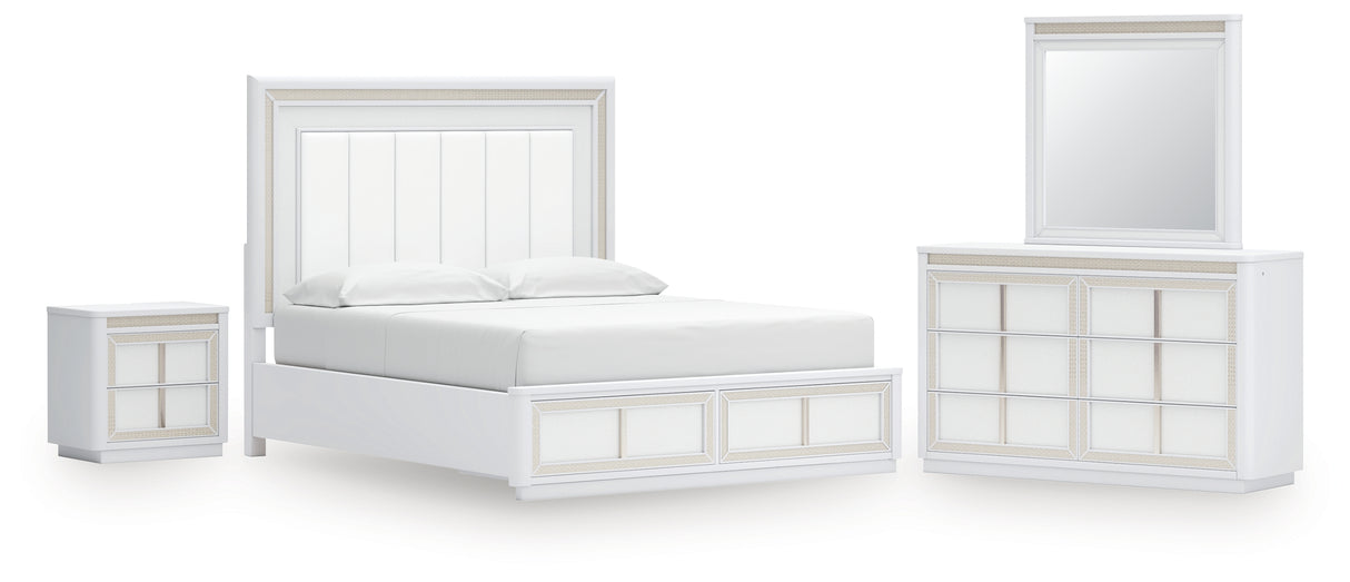 Chalanna California King Upholstered Storage Bed with Mirrored Dresser and Nightstand in White from Ashley - Luna Furniture