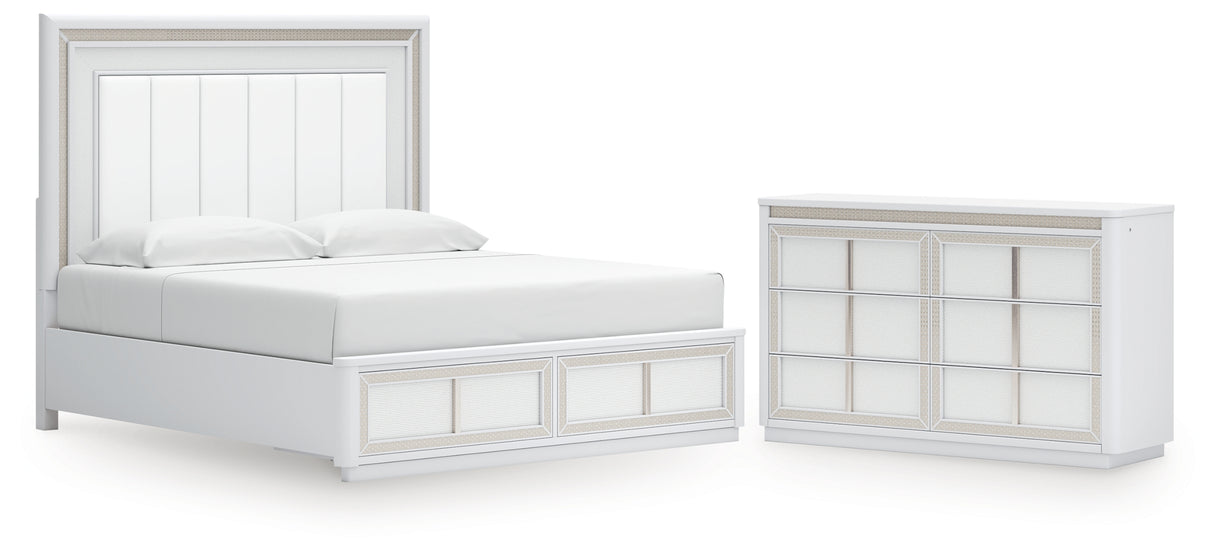 Chalanna King Upholstered Storage Bed with Dresser in White from Ashley - Luna Furniture