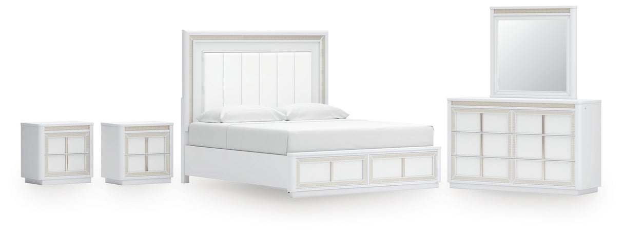 Chalanna King Upholstered Storage Bed with Mirrored Dresser and 2 Nightstands in White from Ashley - Luna Furniture