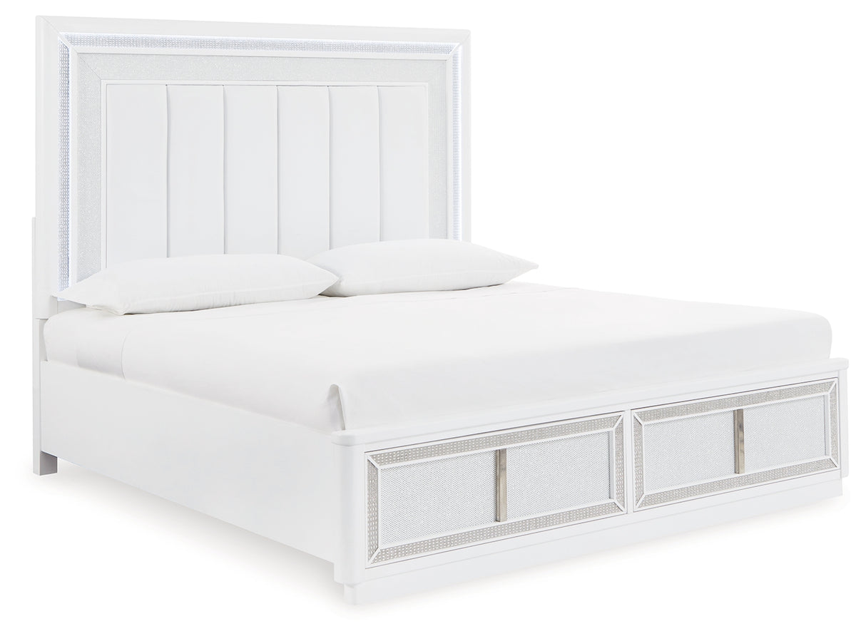Chalanna King Upholstered Storage Bed with Mirrored Dresser and Chest in White from Ashley - Luna Furniture