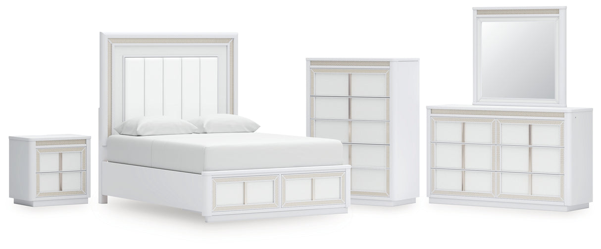 Chalanna Queen Upholstered Storage Bed with Mirrored Dresser, Chest and Nightstand in White from Ashley - Luna Furniture