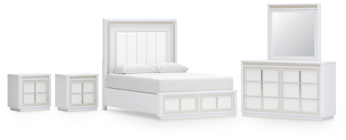 Chalanna Queen Upholstered Storage Bed with Mirrored Dresser and 2 Nightstand in White from Ashley - Luna Furniture