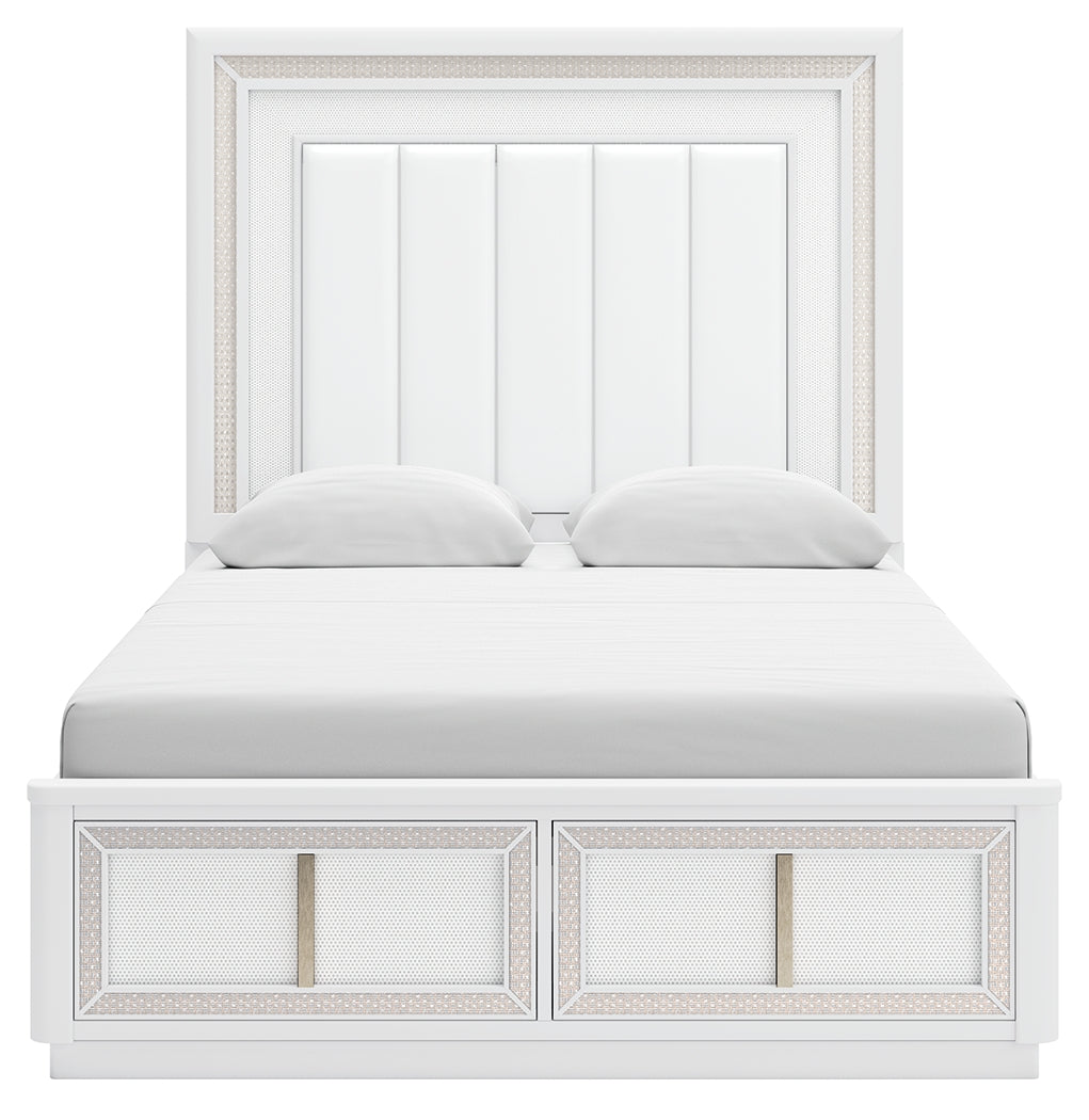 Chalanna Queen Upholstered Storage Bed with Mirrored Dresser and 2 Nightstand in White from Ashley - Luna Furniture