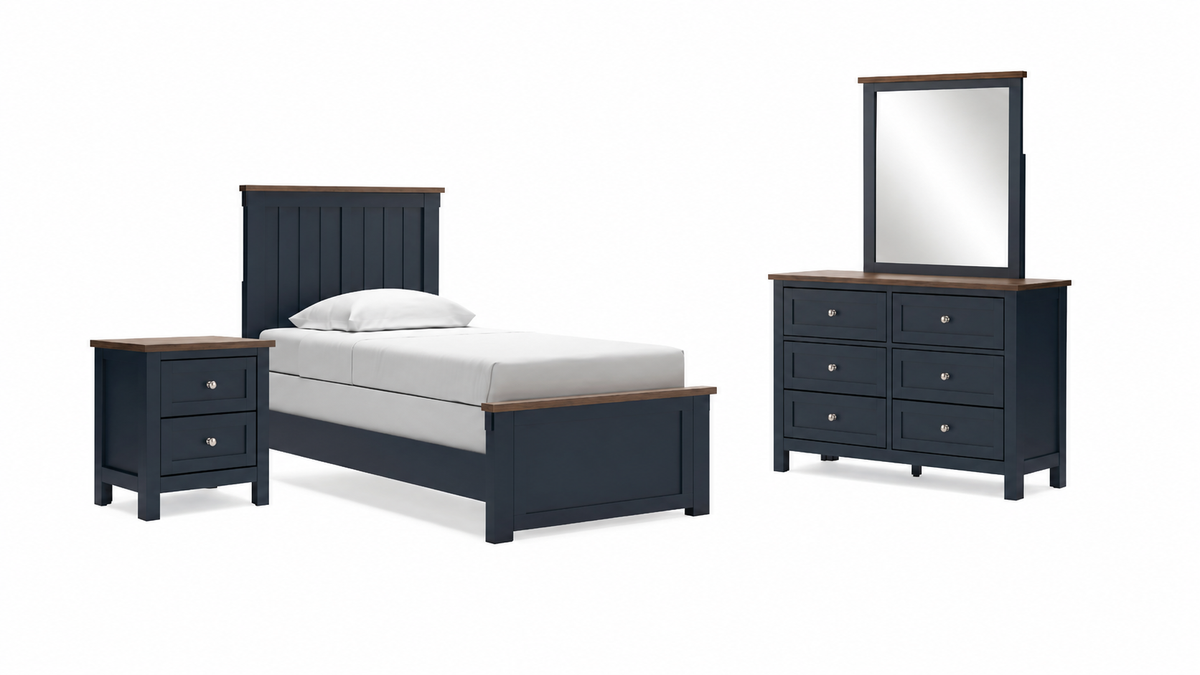 Landocken Brown/Blue Twin Panel Bed with Mirrored Dresser and Nightstand from Ashley - Luna Furniture