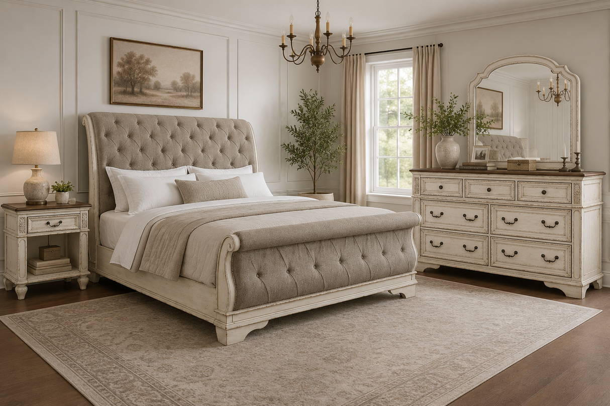 Realyn Chipped White King Sleigh Bed, Dresser and Nightstand from Ashley - Luna Furniture