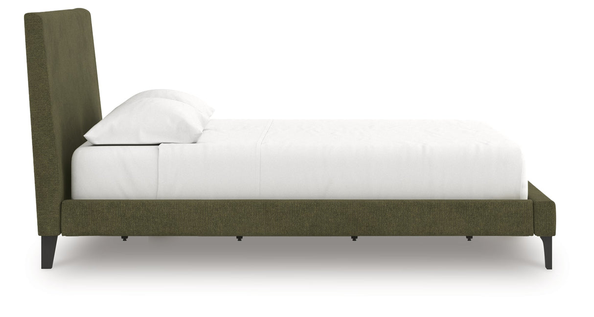 Chirason Sage Green California King Upholstered Bed with Mirrored Dresser, Nightstand and Wide Chest from Ashley Furniture - Luna Furniture