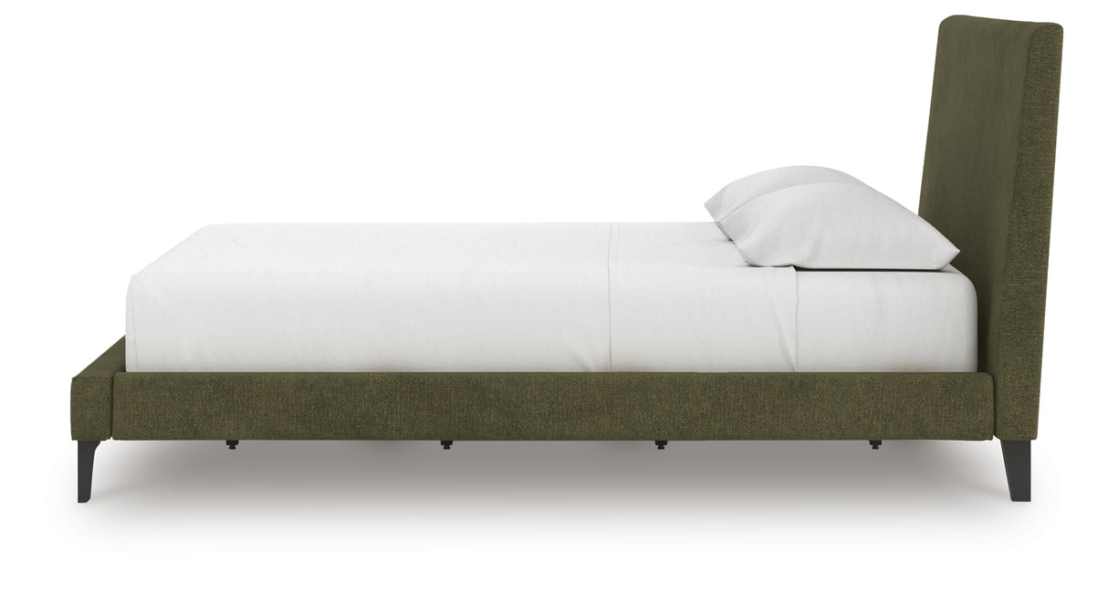 Chirason Sage Green California King Upholstered Bed with Mirrored Dresser, Nightstand and Wide Chest from Ashley Furniture - Luna Furniture