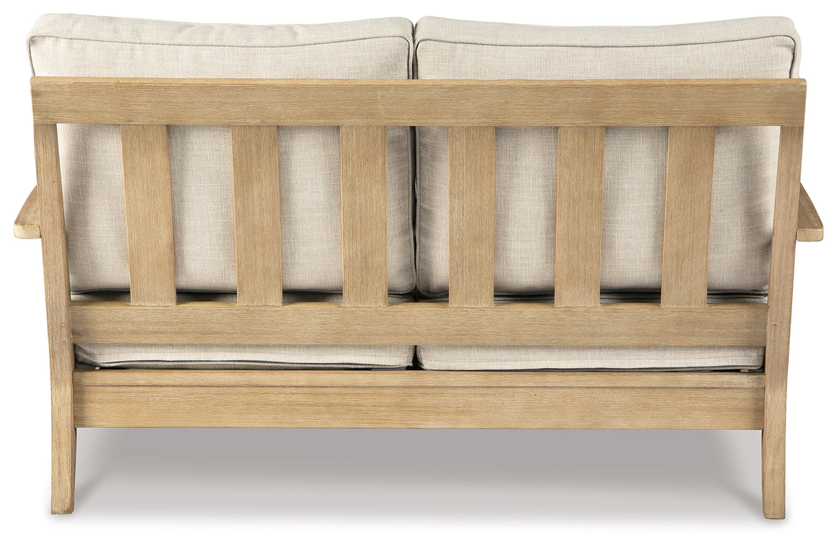 Clare View Outdoor Sofa and Loveseat with Coffee Table in Beige from Ashley Furniture - Luna Furniture