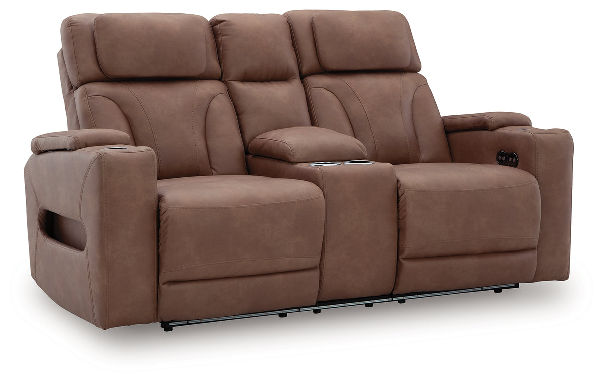 Clean-Slate Caramel Power Reclining Loveseat with Console from Ashley - Luna Furniture