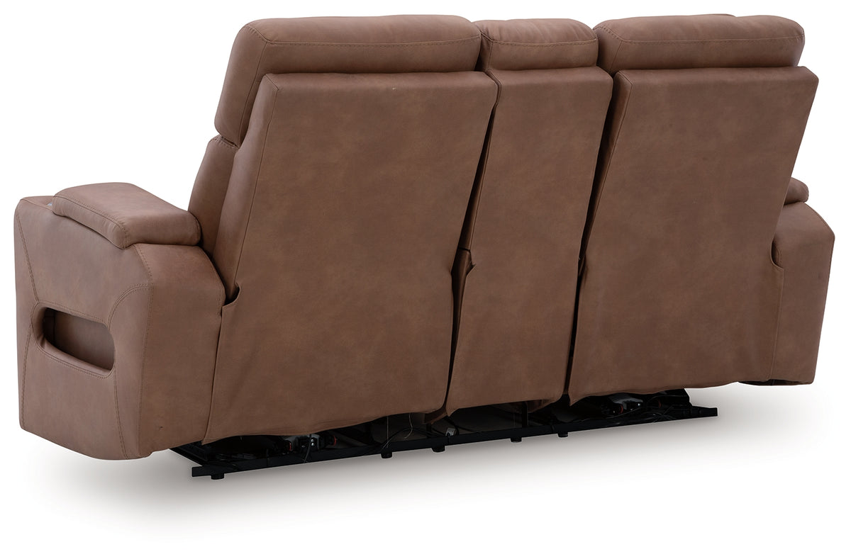 Clean-Slate Caramel Power Reclining Loveseat with Console from Ashley Furniture - Luna Furniture