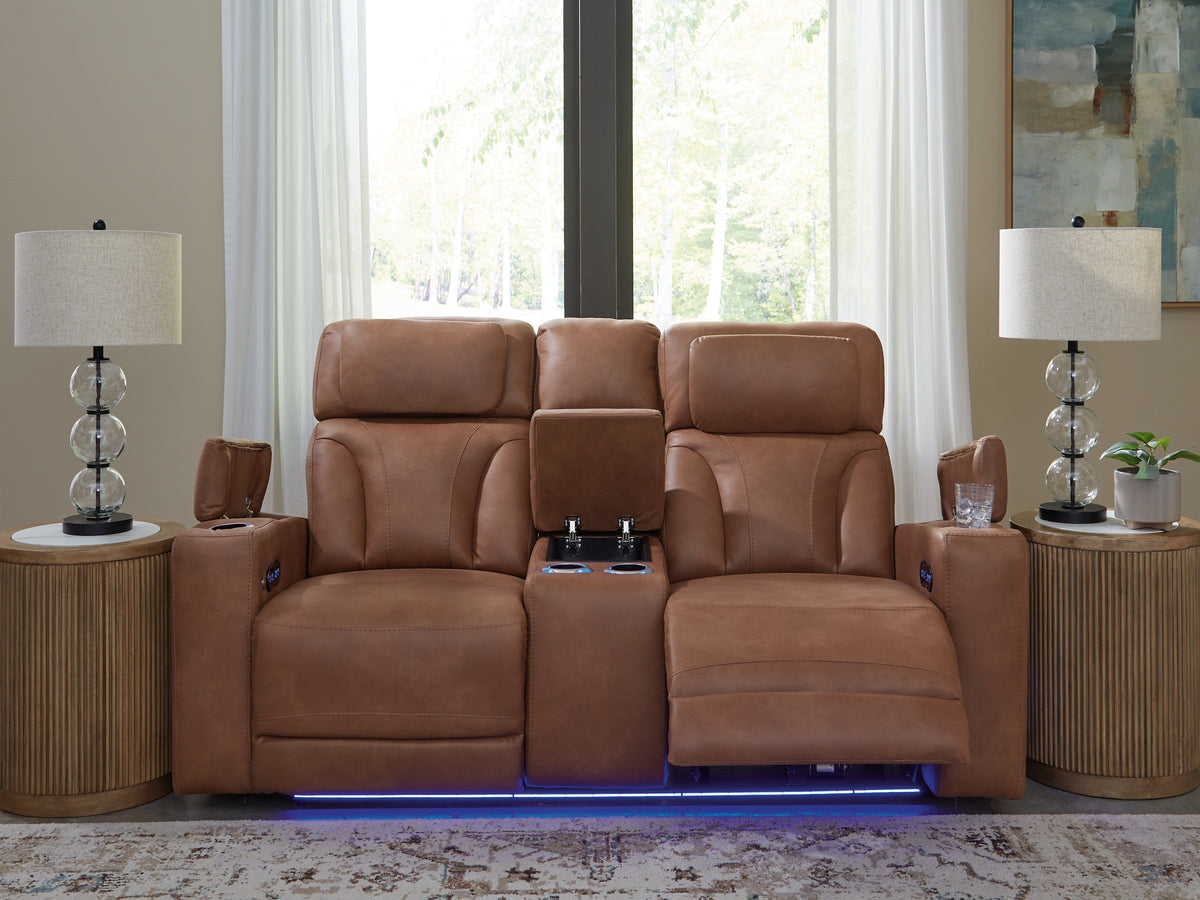 Clean-Slate Caramel Power Reclining Loveseat with Console from Ashley Furniture - Luna Furniture