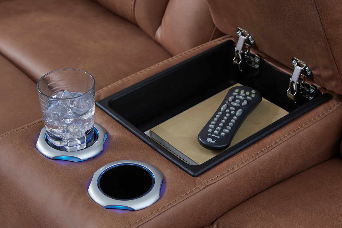 Clean-Slate Caramel Power Reclining Loveseat with Console from Ashley Furniture - Luna Furniture