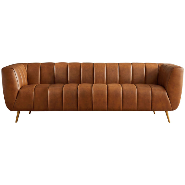 Ava Cognac Genuine Italian Leather Channel Tufted Sofa