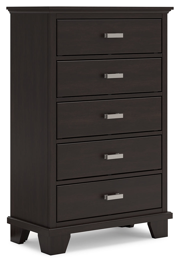 Covetown California King Panel Bed with Mirrored Dresser, Chest and 2 Nightstands in Dark Brown from Ashley Furniture - Luna Furniture
