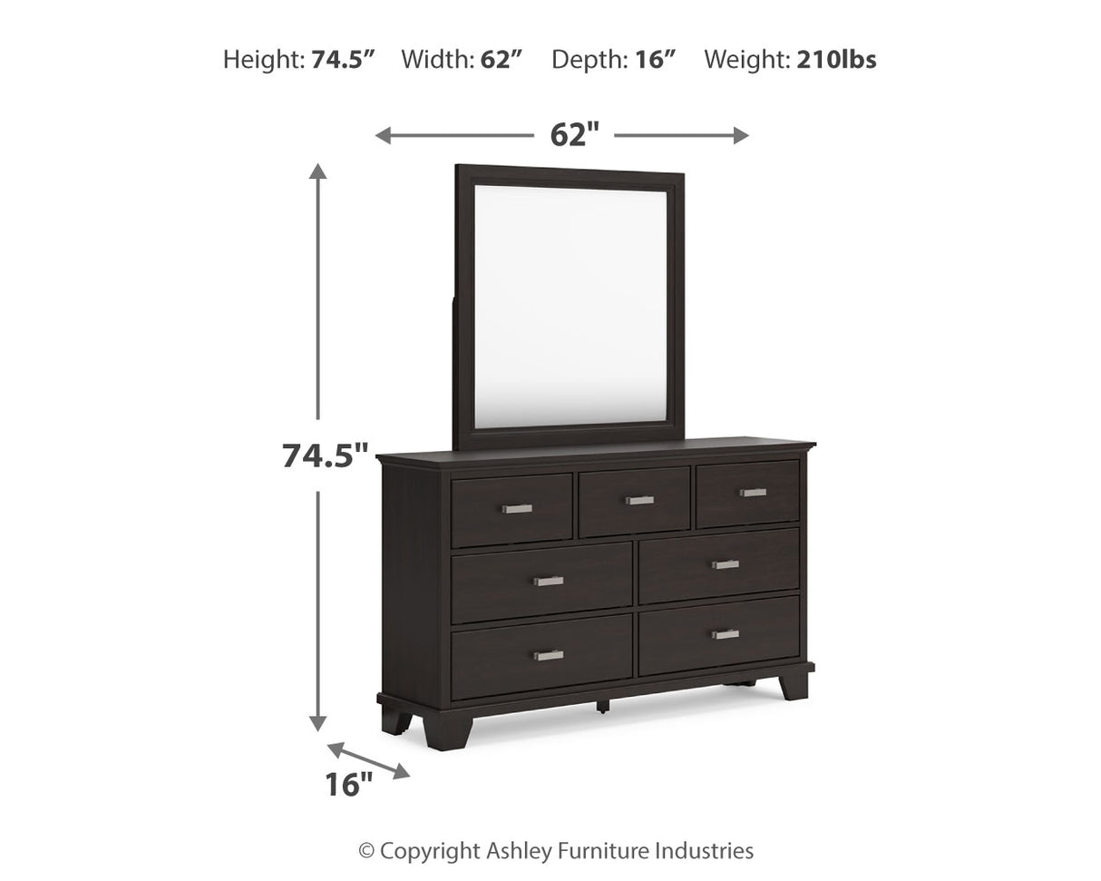 Covetown California King Panel Bed with Mirrored Dresser, Chest and Nightstand in Dark Brown from Ashley Furniture - Luna Furniture