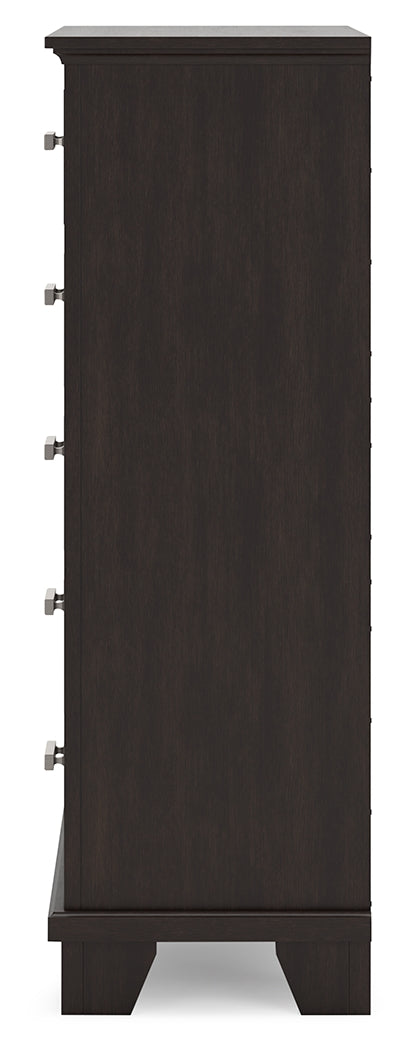 Covetown California King Panel Bed with Mirrored Dresser, Chest and Nightstand in Dark Brown from Ashley Furniture - Luna Furniture