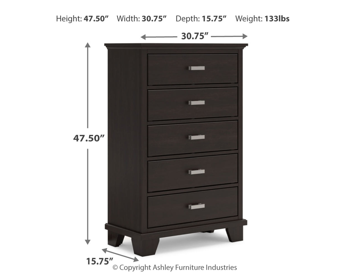 Covetown California King Panel Bed with Mirrored Dresser, Chest and Nightstand in Dark Brown from Ashley Furniture - Luna Furniture